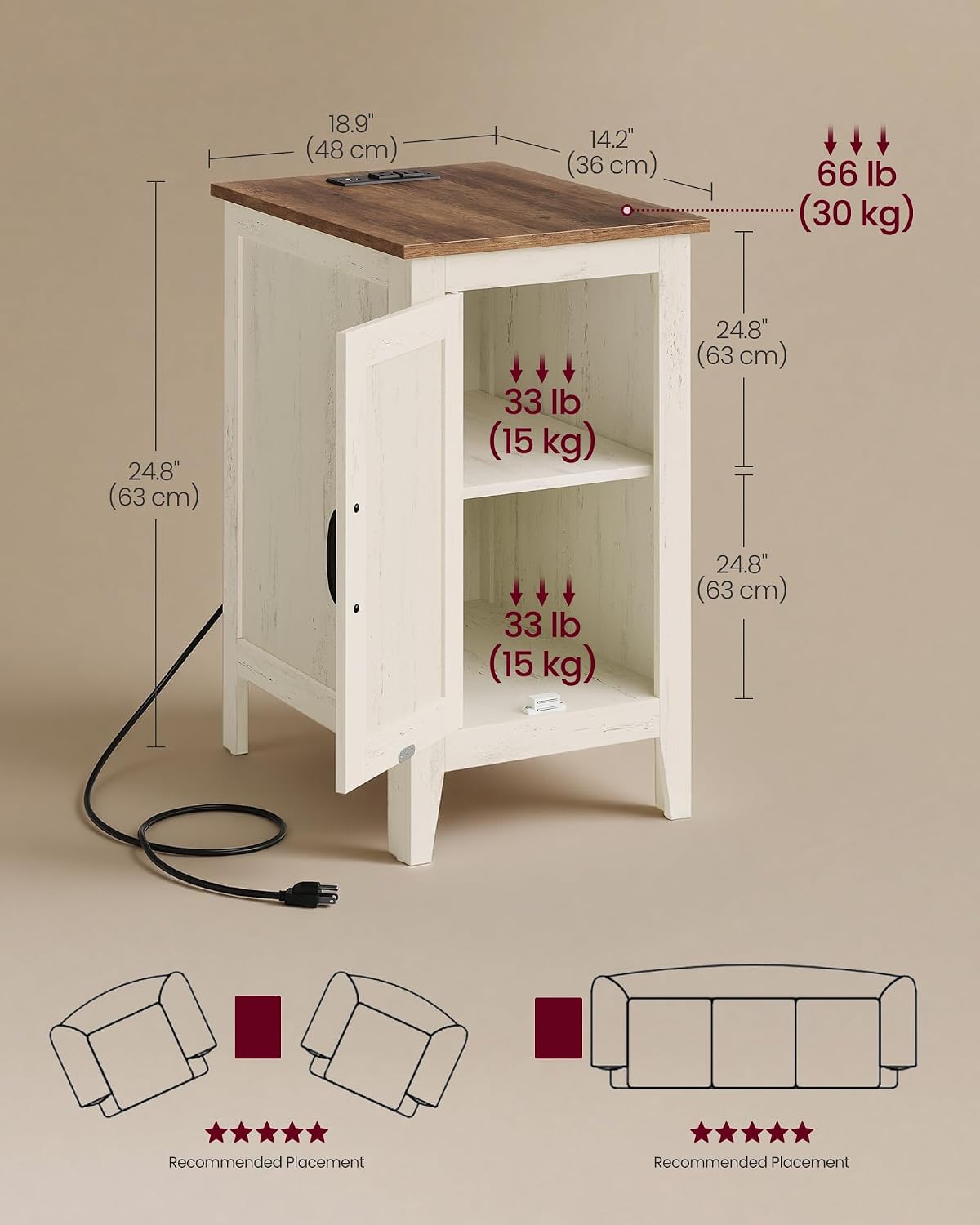 VASAGLE LIRY Collection - End Table with Charging Station, Side Table with Storage Cabinet, Night Stand for Living Room, Bedroom, Home Office, Rustic White and Honey Brown ULET131W101S