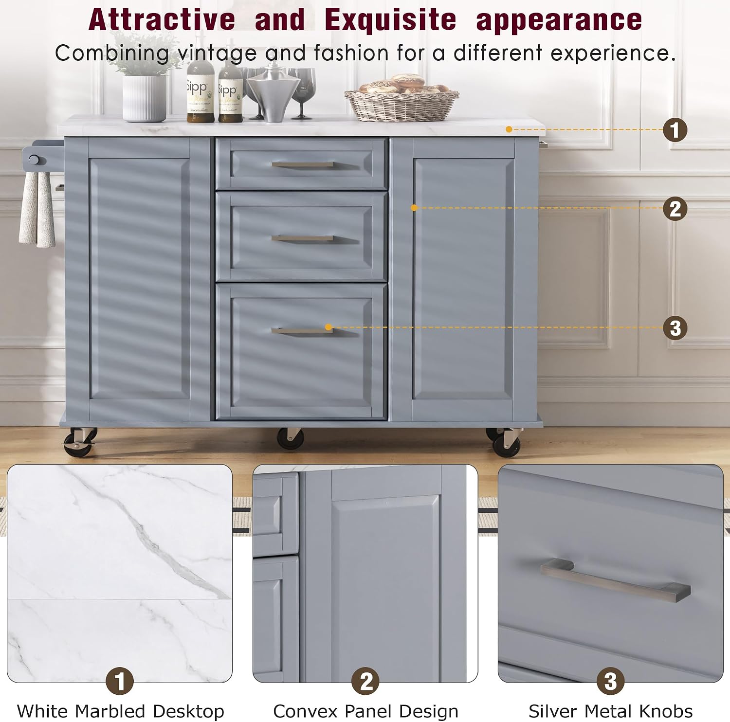Rolling Kitchen Island Cart with Marble Countertop, Mobile Storage Kitchen Cabinet with Drawers & Cabinets for Small Kitchen Apartment