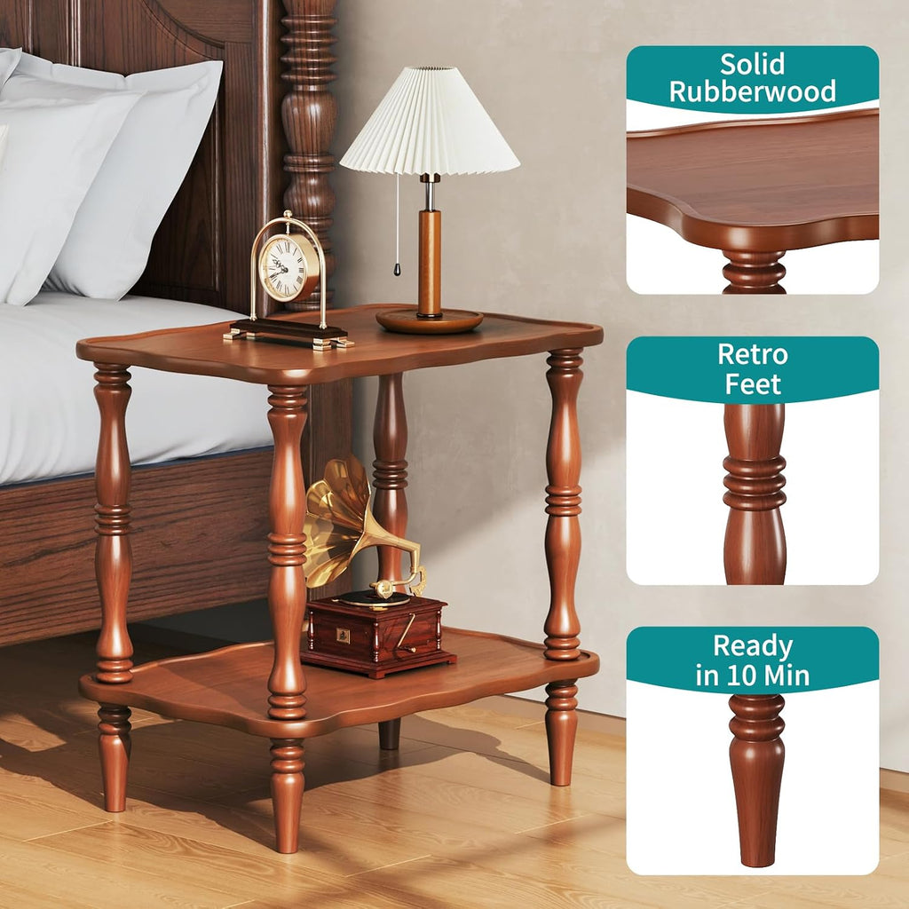 Solid Wood End Table Living Room - 23.6" H Small Narrow Rectangle End Table Wooden, Dark Real Wood Vintage Antique Brown Side Bedside Table Nightstand for Small Spaces with Open Storage Shelf