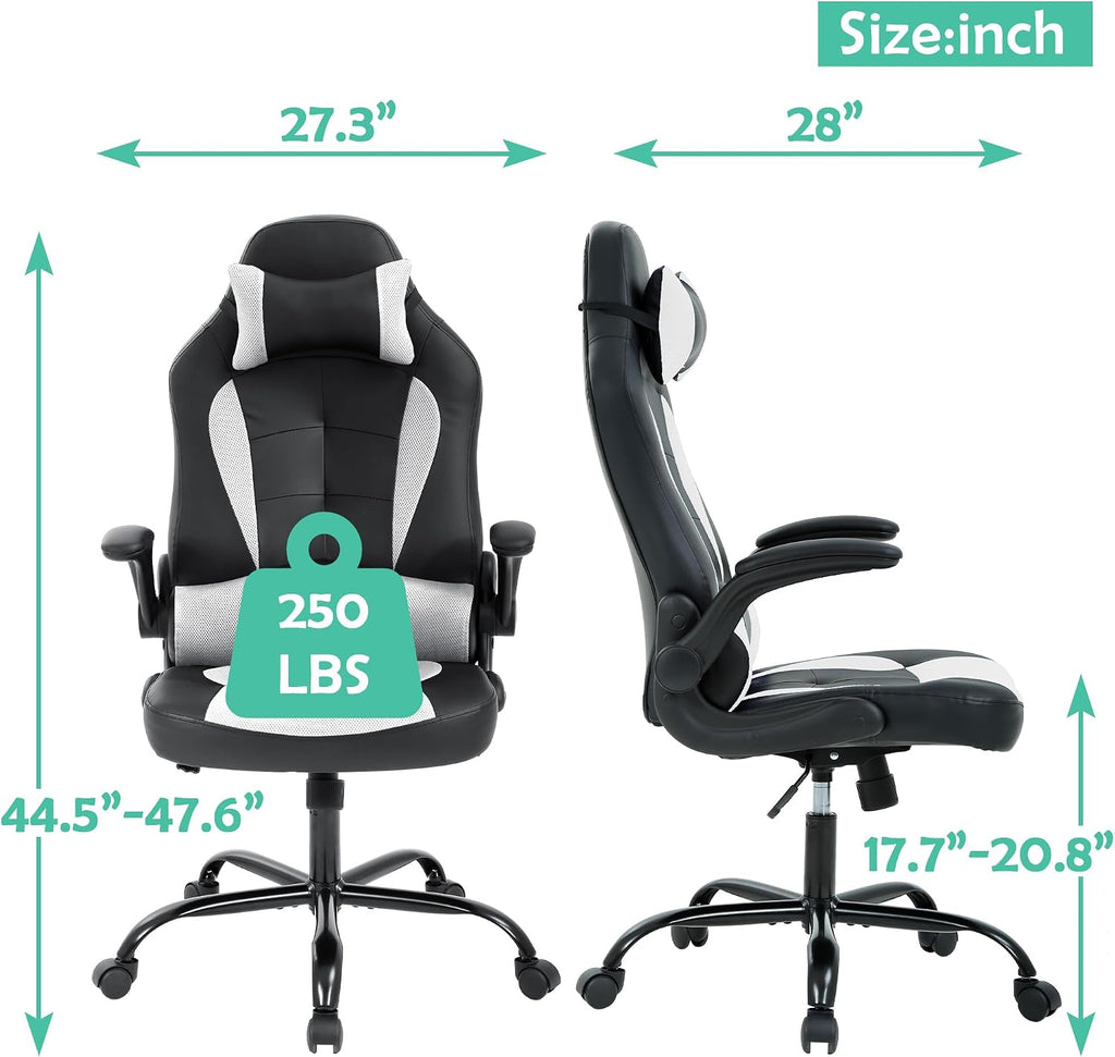 Cheap Video Game Chair, PC Gaming Chair Ergonomic Computer Game Chair with Headrest and Lumbar Support Adjustable Armrest PU Leather High Back Racing Swivel Office Chair for Adults Kids White