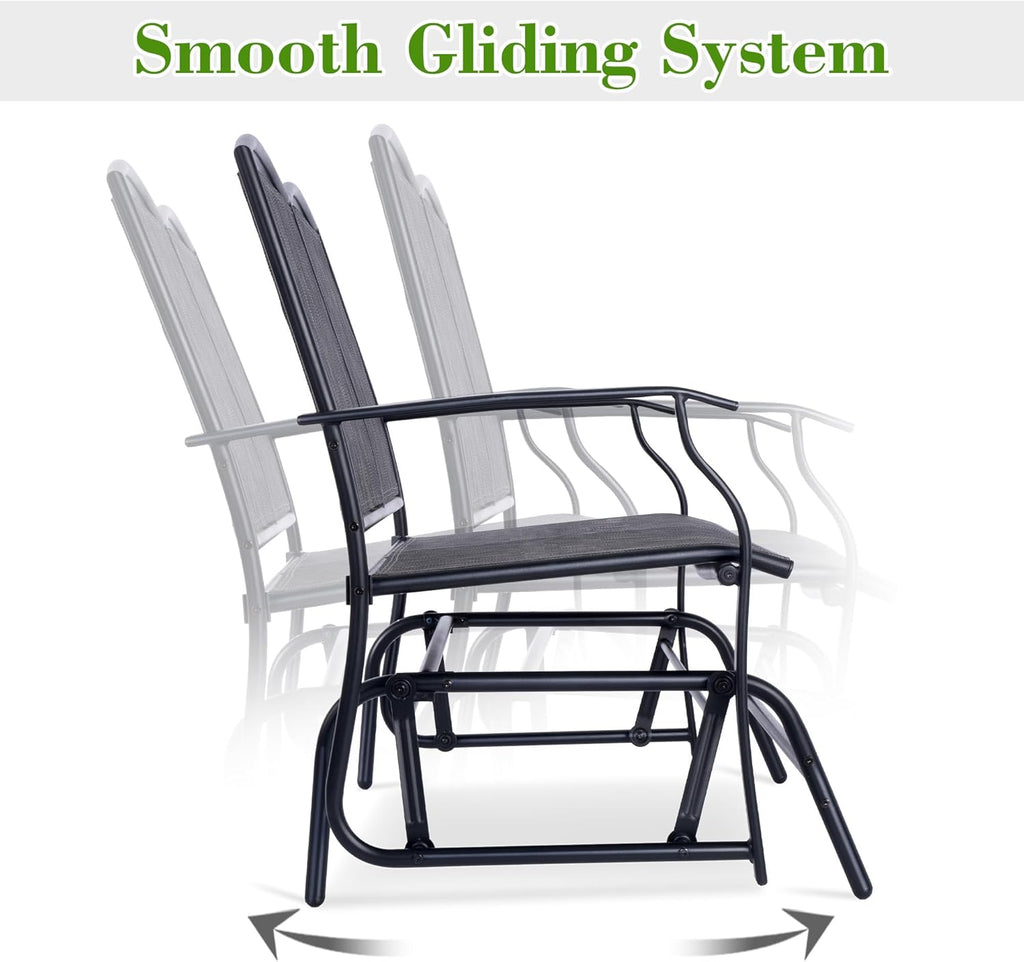 Backyard Expressions 2-Person Outdoor Glider Bench, Patio Double Swing Rocking Chair Loveseat w/Powder Coated Steel Frame for Backyard Garden Porch, Black Frame - Heathered Grey Sling Fabric