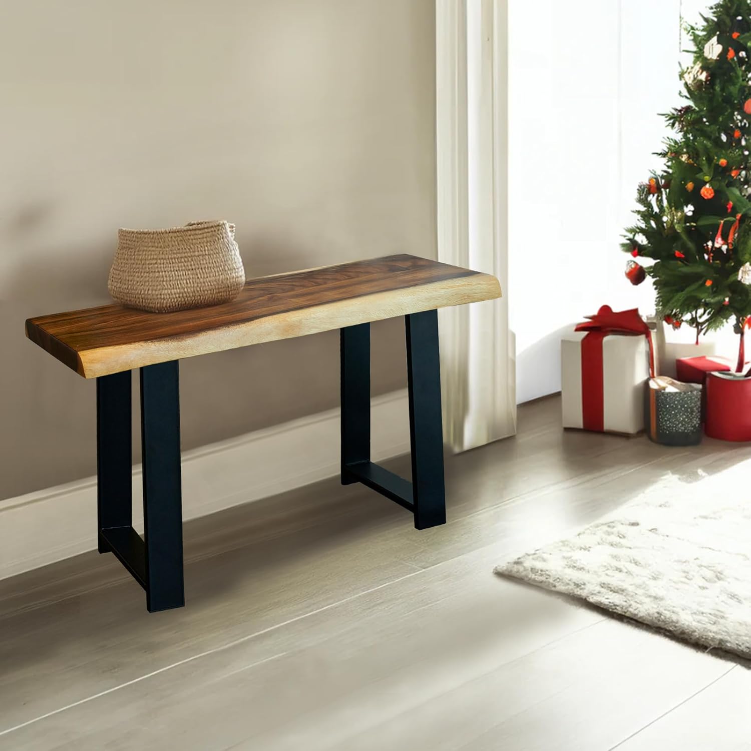 Rustic Live Edge Solid Wood Bench 32" x 14" x 17" Height Handmade Farmhouse Entryway Bench Living Room Dining Room Bedroom Hallway Office Vintage Dark Brown Acacia Accent Bench Seat