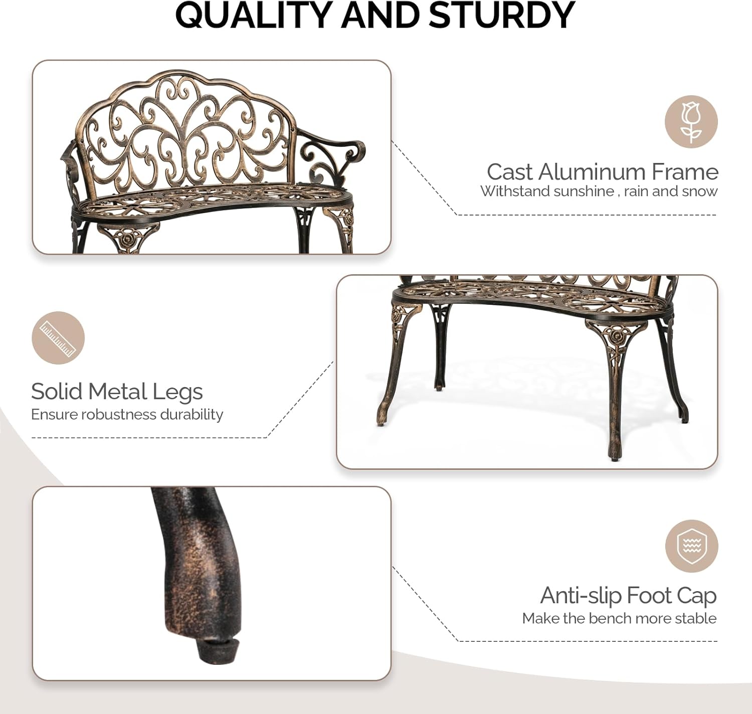 VINGLI 38.5" Patio Park Garden Outdoor Metal Rose Bench, 2-Person Cast Iron Cast Aluminium Frame Antique Finish Chair,Accented Lawn Front Porch Path Yard Decor Deck Furniture (Bronze, Butterfly)
