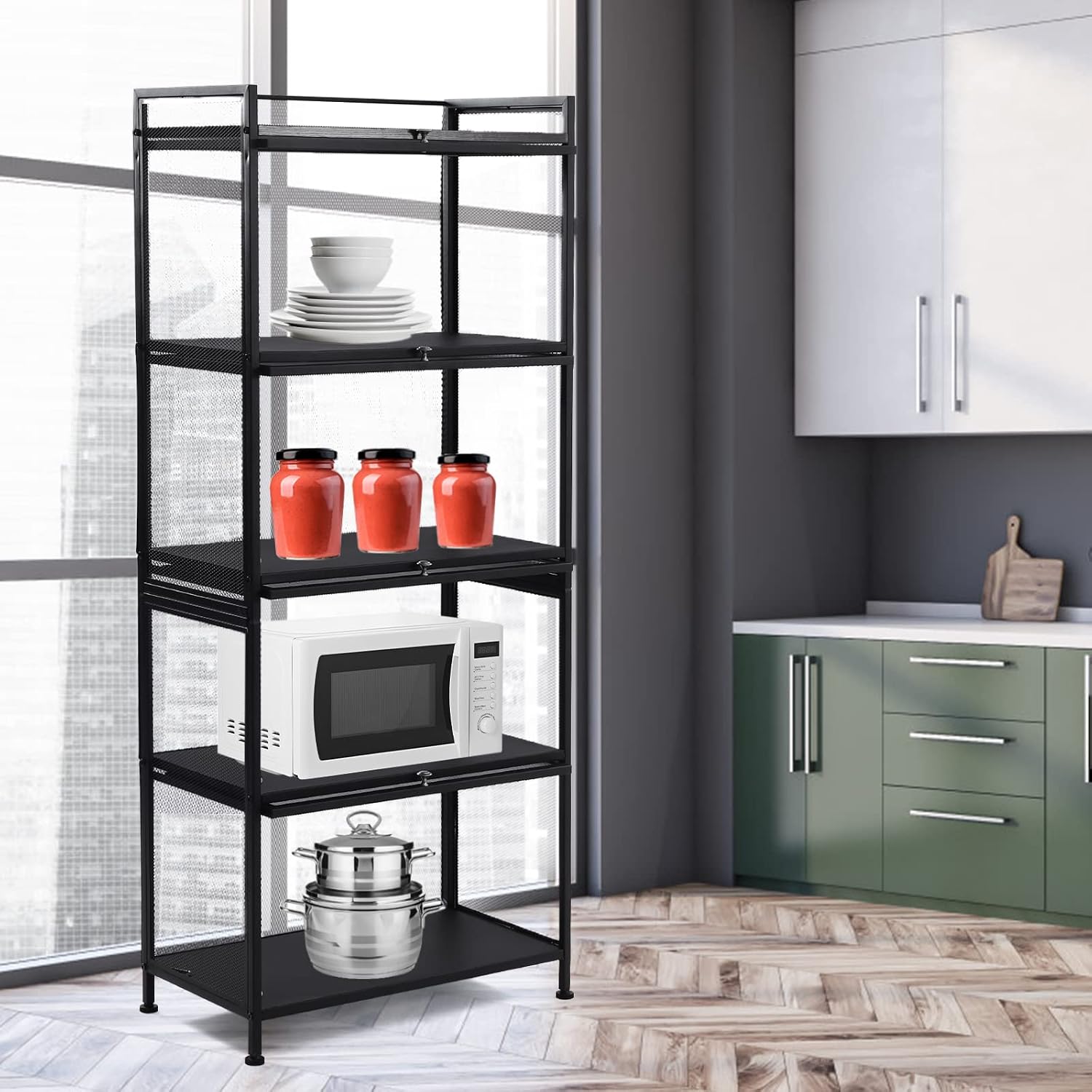 60x32x141.5cm Black Mesh Pantry Rack, 5-Tier Storage Cabinet with Flip-Up Doors, Rolling Wire Shelf Organizer for Kitchen Garage, Narrow Slim Cart on Wheels, Locking Casters, Adjustable Leveling Feet