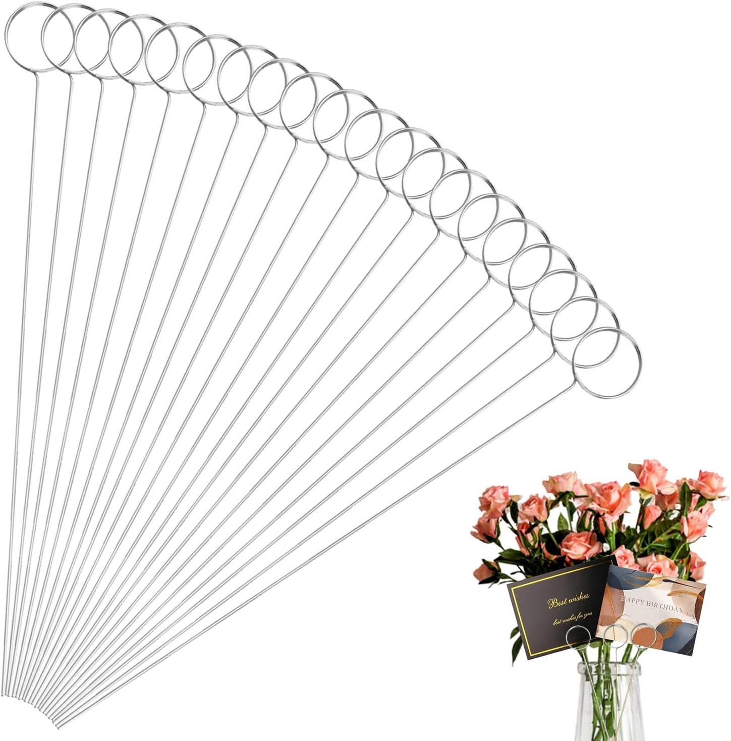 30 Pcs Metal Wire Floral Picks 13 Inch Wire Place Card Holder, Metal Table Name Number Clips Picture Stand, Round Photo Memo Flower Card Holder for Wedding Party Birthday Cake (Silver Round)