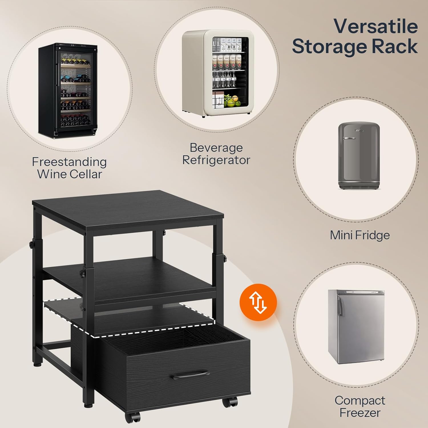 HOOBRO Mini Fridge Stand with Storage Basket, Height-Adjustable Mini Fridge Cabinet, Mini Fridge Stand with Wheels and Adjustable Feet, for Kitchen, Living Room, Black BB455BX01