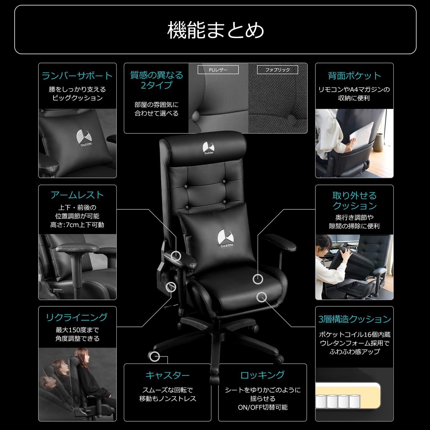Bauhutte G-370PU-BK Gaming Sofa Chair 2, Black, PU Leather Type, Gaming Chair Like a Sofa, Standard