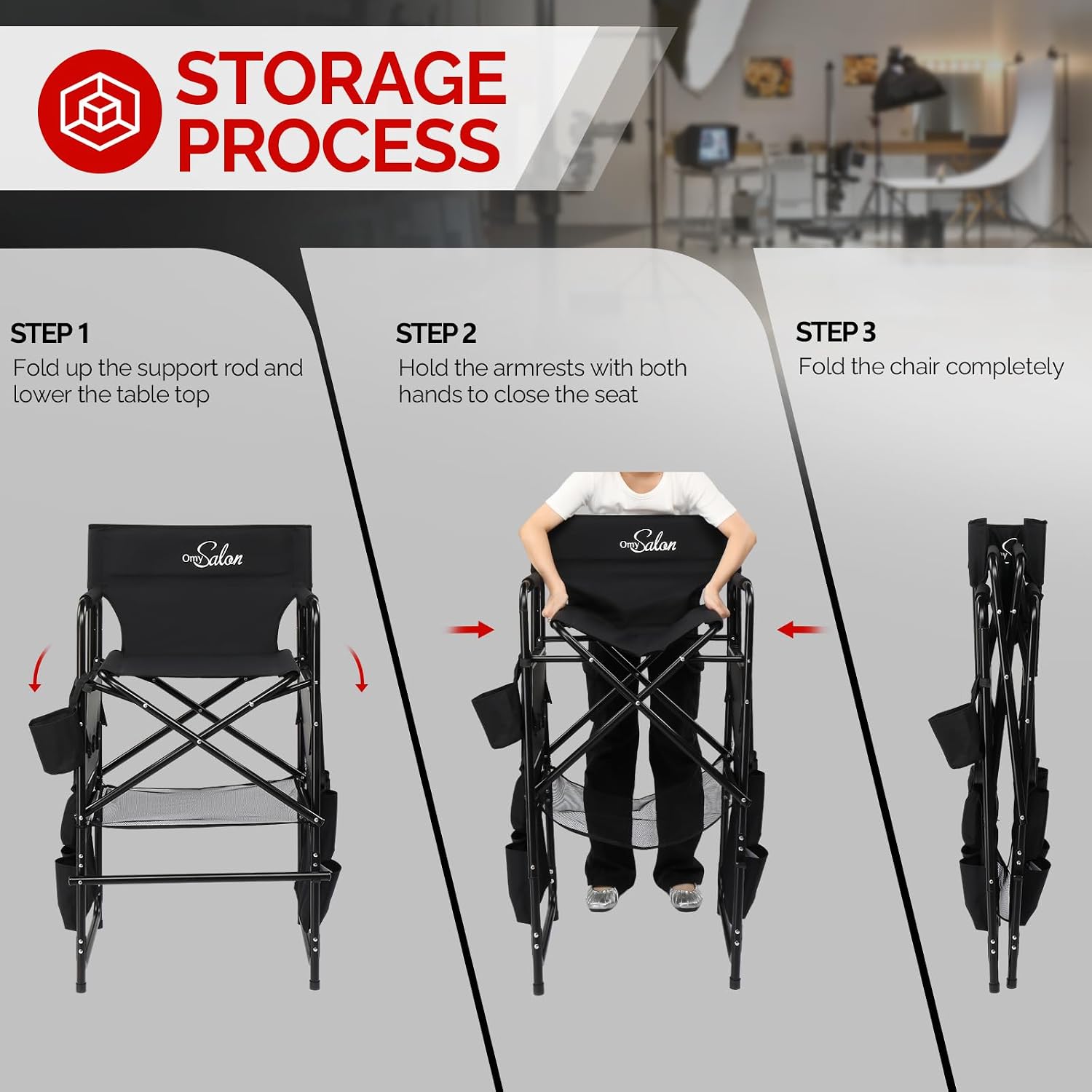 OmySalon Tall Folding Directors Chair with Side Table Storage Bag, Aluminum Frame 300 lbs Capacity, Portable Makeup Artist Bar Height, 19.7" D x 24.6" W x 45.7" H(Black)