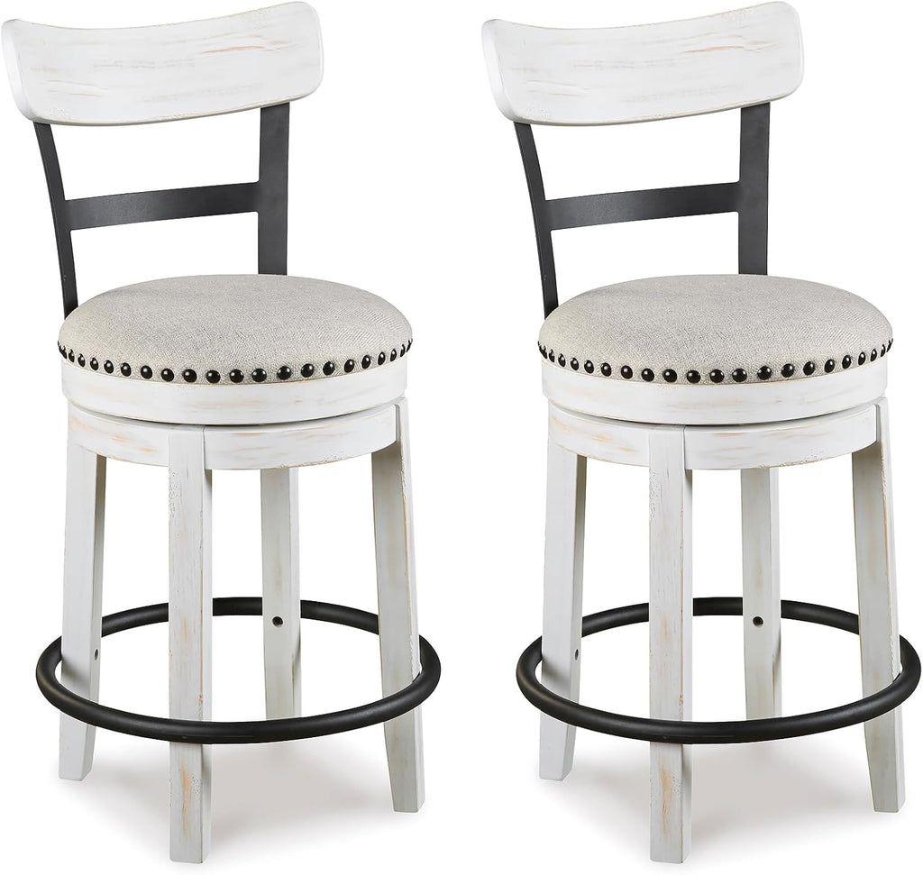 Signature Design by Ashley Valebeck Barstool, Rustic-Industrial Counter Height Chair, 360° Swivel, Wood & Metal Frame, Cushioned Seat, Ideal for Kitchen Island with Seating, Vintage White