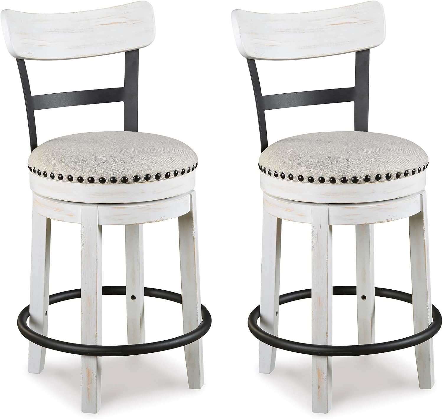 Signature Design by Ashley Valebeck Barstool, Rustic-Industrial Counter Height Chair, 360° Swivel, Wood & Metal Frame, Cushioned Seat, Ideal for Kitchen Island with Seating, Vintage White