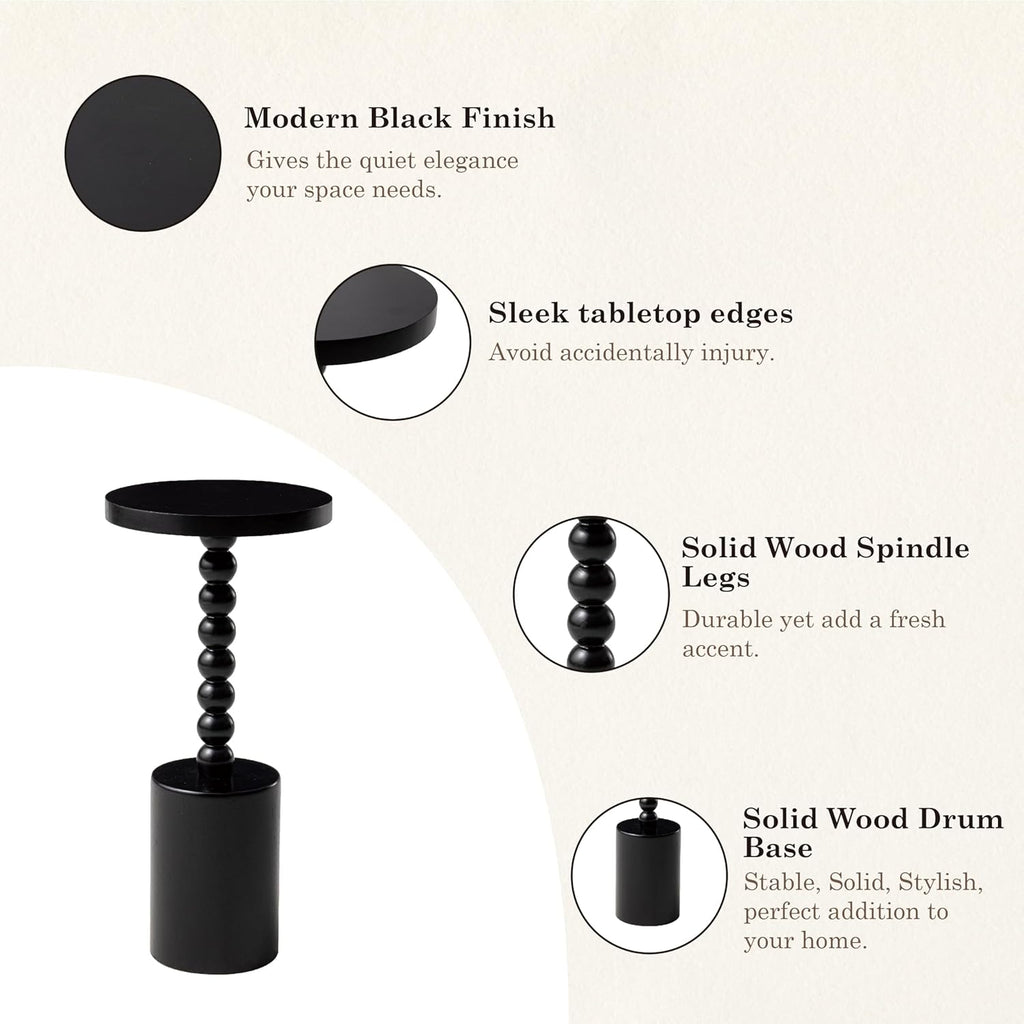 COZAYH Black Wood End Table with Round Top and Decorative Beaded Pedestal, Modern Accent Side Table Drink Table for Living Room, Small Spaces