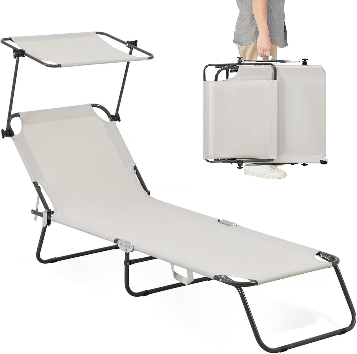 Folding Outdoor Lounge Chair with Canopy - Portable & Adjustable Beach Lounge Chair - 5-Positions, Carry Handles, 600D Fabric, 220 lbs Capacity – Tanning Chaise Lounge for Beach, Patio, Lawn