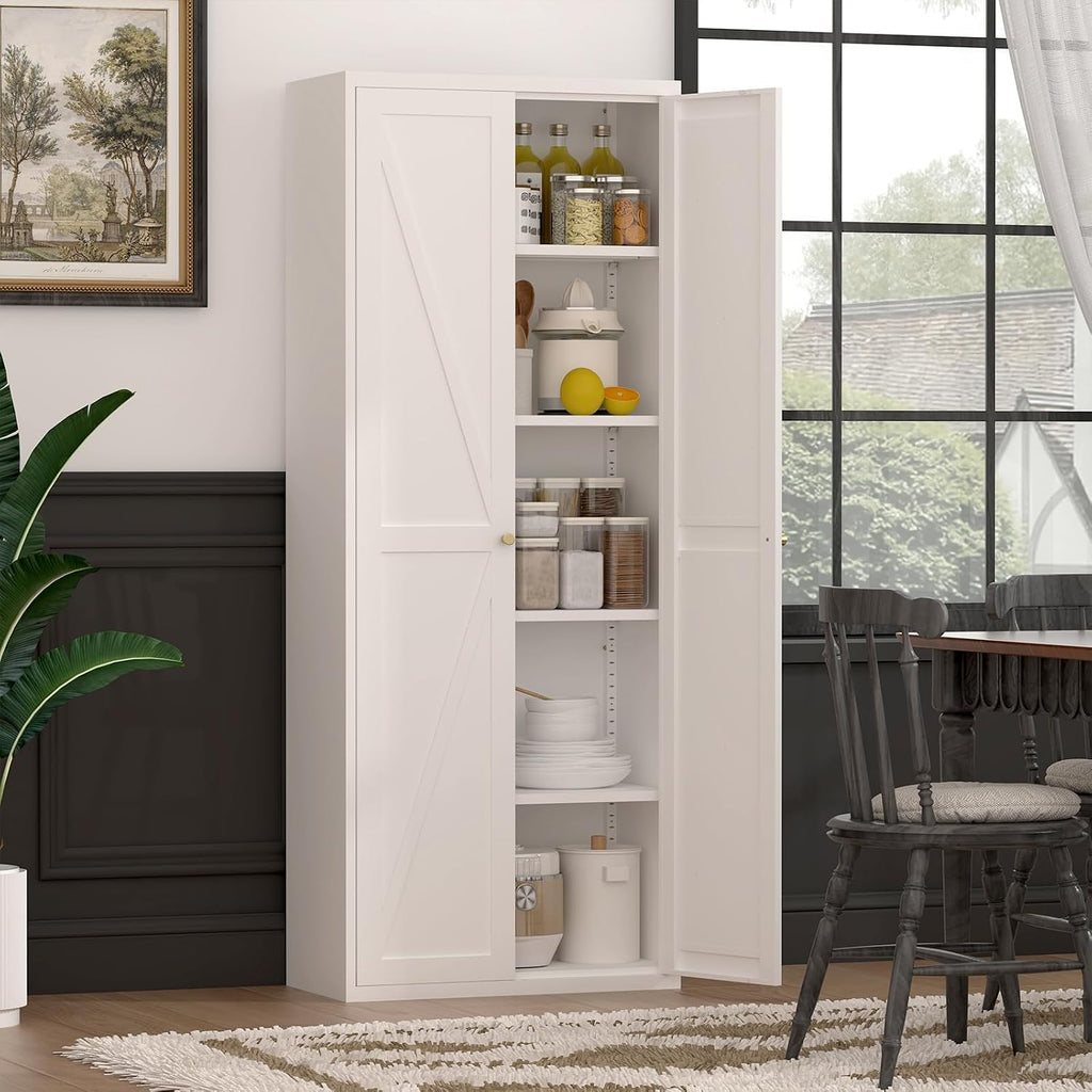 Pantry Storage Cabinet, Metal Pantry Cabinet with Adjustable Shelves,Cupboard,Tall Storage Cabinets for Kitchen, Living Room, Dining Room and Office, White