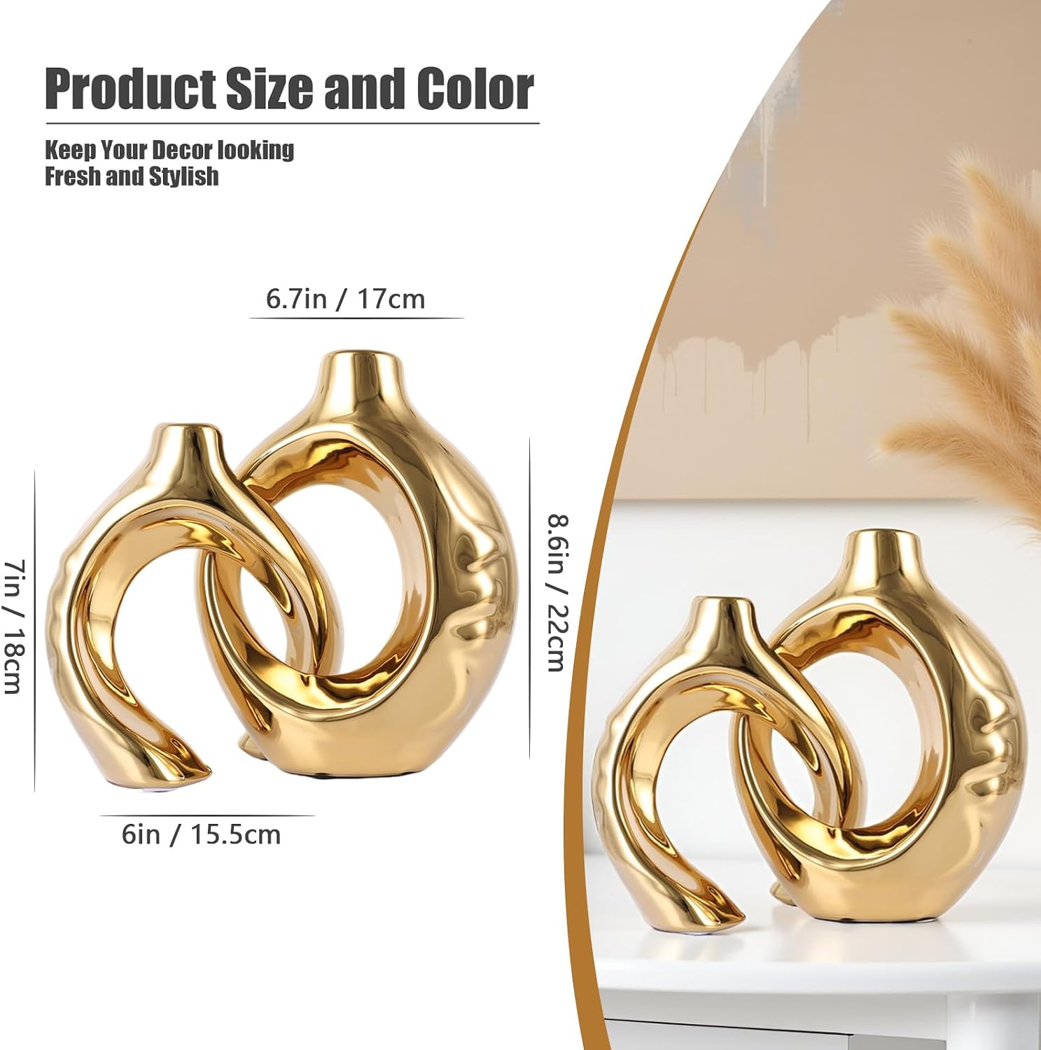 Ceramic Vase Set of 2 for Modern Home Decor,Round Boho Vase for Pampas Grass,Neutral Minimalist Statue for Dining Room Table Centerpiece Dining Room,Wedding Table Decoration (Gold1)