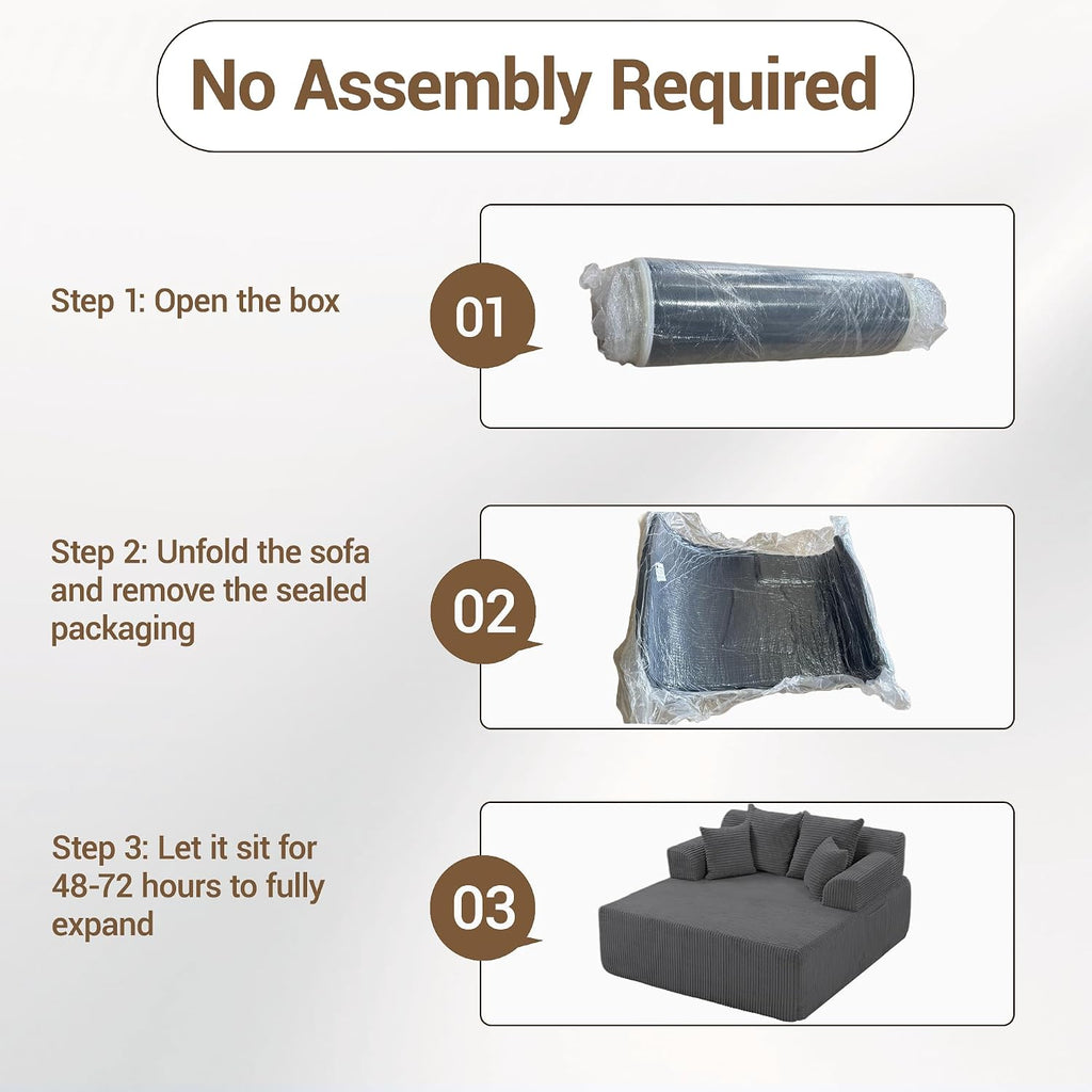 58" Oversized Boneless Chair, Corduroy Lounge Chaise Chair Indoor Sleeper Sofa Bed with Arms and 4 Pillows, No Assembly for Bedroom Living Room, Grey
