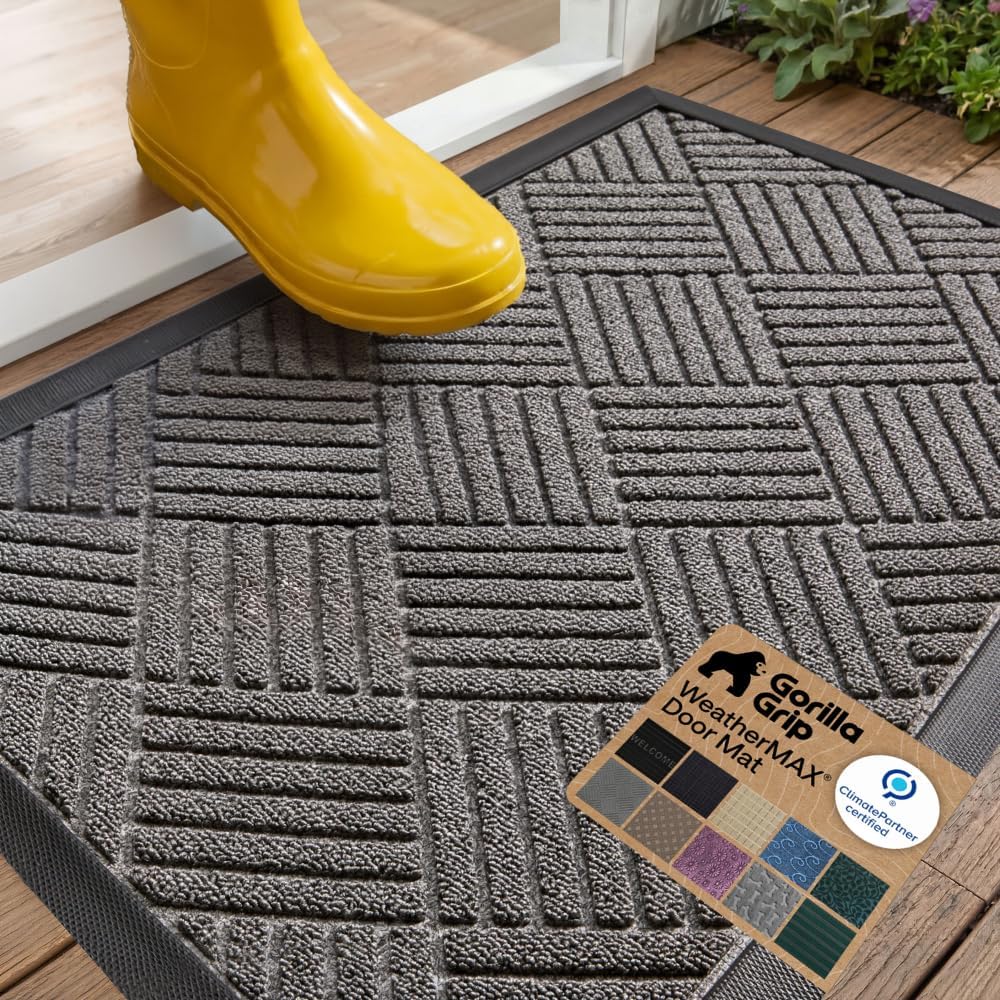 GORILLA GRIP 100% Waterproof All-Season WeatherMAX Doormat US Designed Natural Rubber, Stain Fade Resistant, Low Profile Indoor Outdoor Door Mats, Easy Clean, 29x17 Gray Diamond