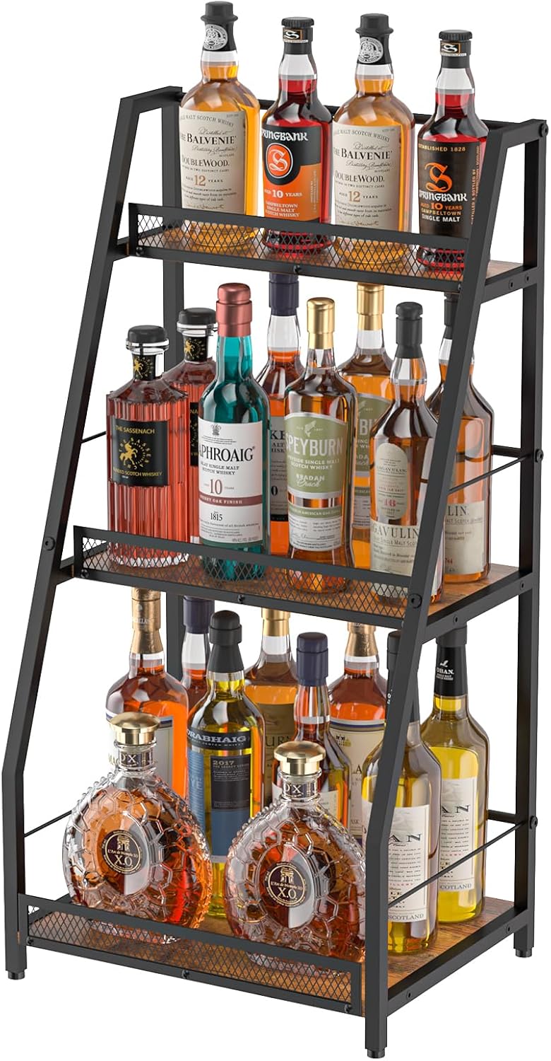 3-Tier Liquor Stand for Home Bar, Stepped Wine Rack Freestanding Floor for Liquor Whiskey Wine, Versatile Corner Wine Bottle Display Stand with Fences, Vintage Brown, Safe Height for Kids & Pets