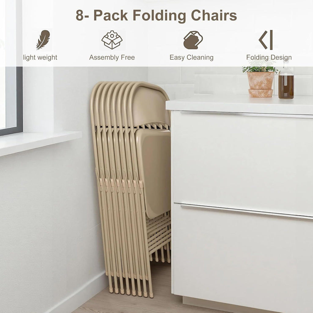 VECELO All-Steel Folding Chair Set of 8, Heavy Duty Metal Foldable Chairs, Double Hinged, Stackable Commercial Seating for Indoor Outdoor Events, Wedding, Party, Patio, Office