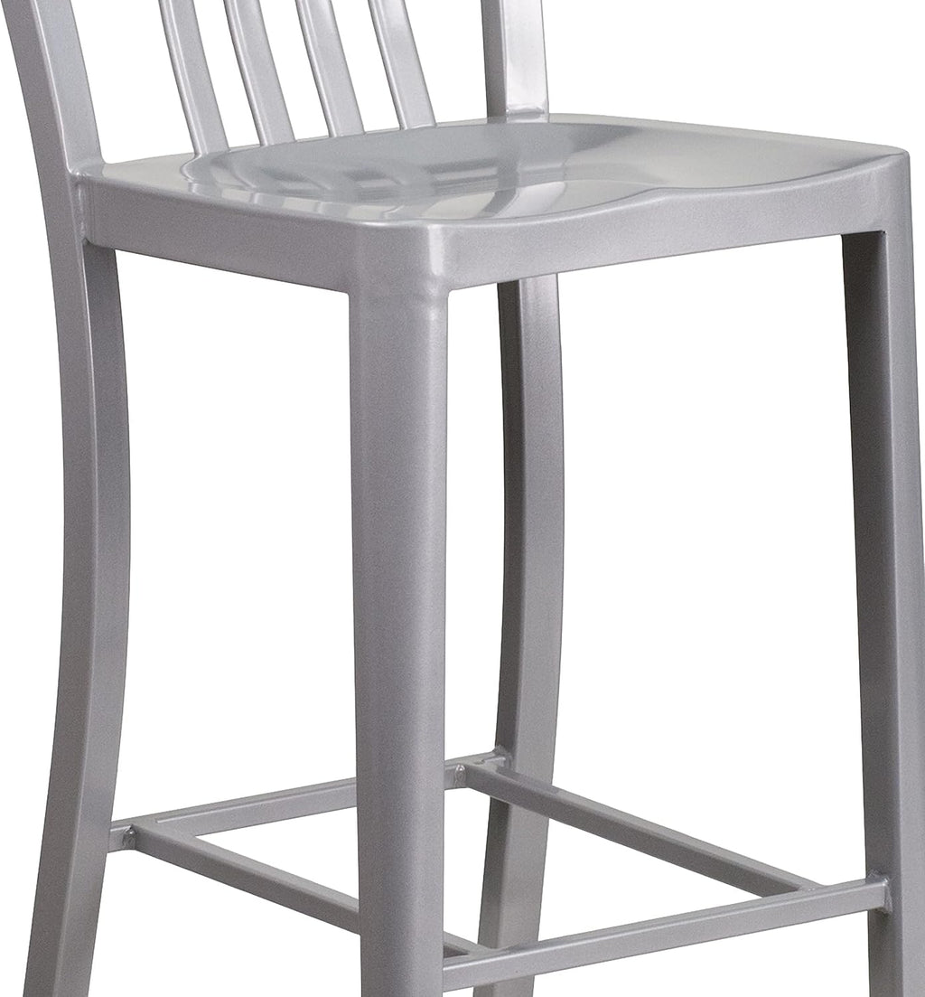 Flash Furniture Gael 30" Commercial Metal Barstools with Footrest, Vertical Slat Back Bar Height Stools for Restaurants and Kitchens, Set of 2, Silver