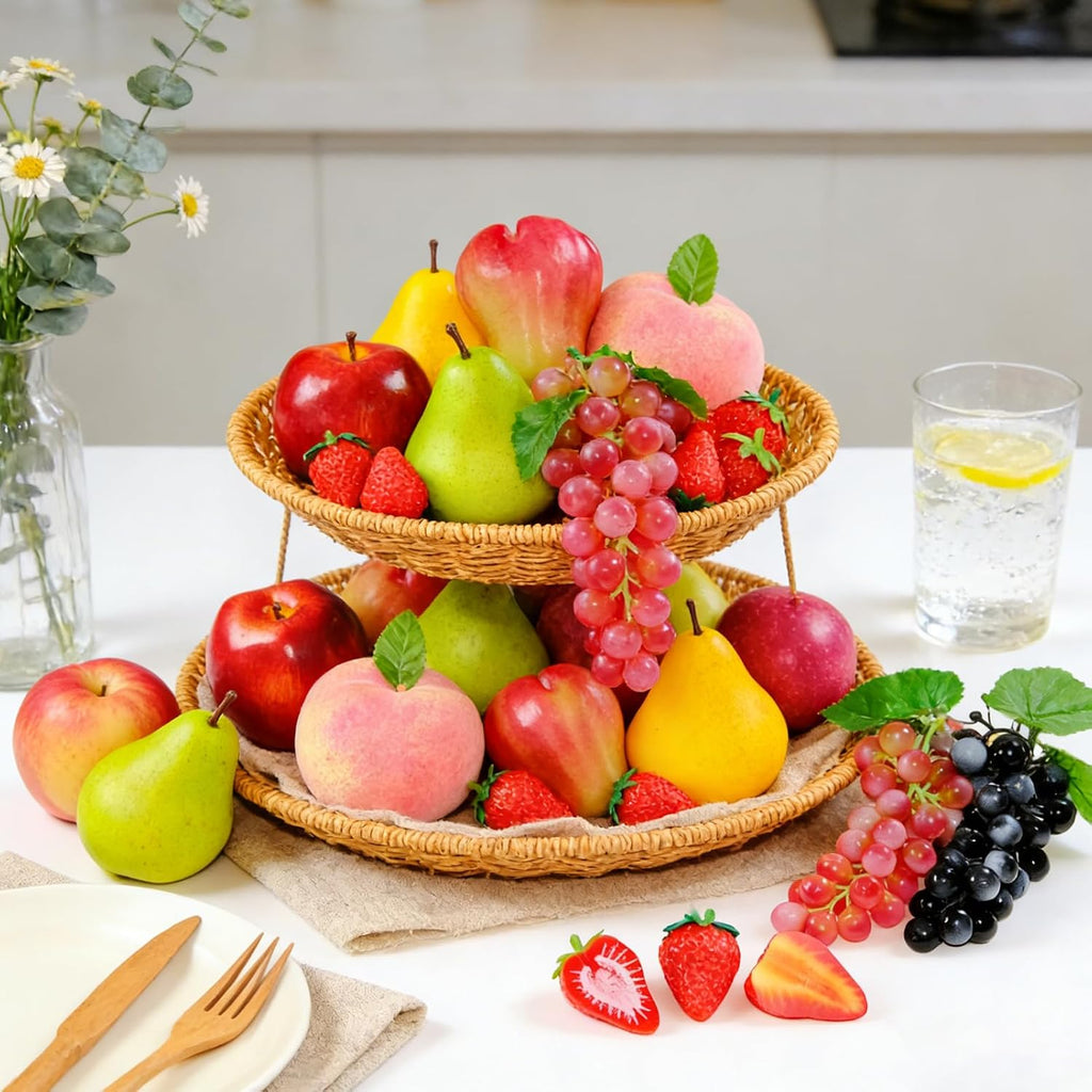 24Pcs Realistic Artificial Fruit Set,Fake Strawberries Grapes Plastic Wax Apples Pears Peaches Passion Fruits,Plastic Lifelike Fruits for Home Kitchen Cabinet Table Decor,Photography Props