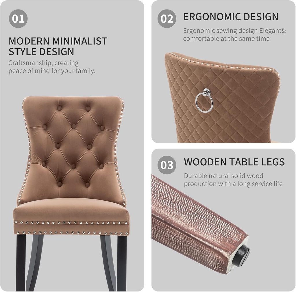 Velvet Dining Chairs Set of 6, Upholstered Dining Room Chairs with Nailhead Trim, Sillas de Comedor Modernas 6, Wooden Kitchen Chairs for Dining Room, Living Room, Kitchen, Bedroom, Brown