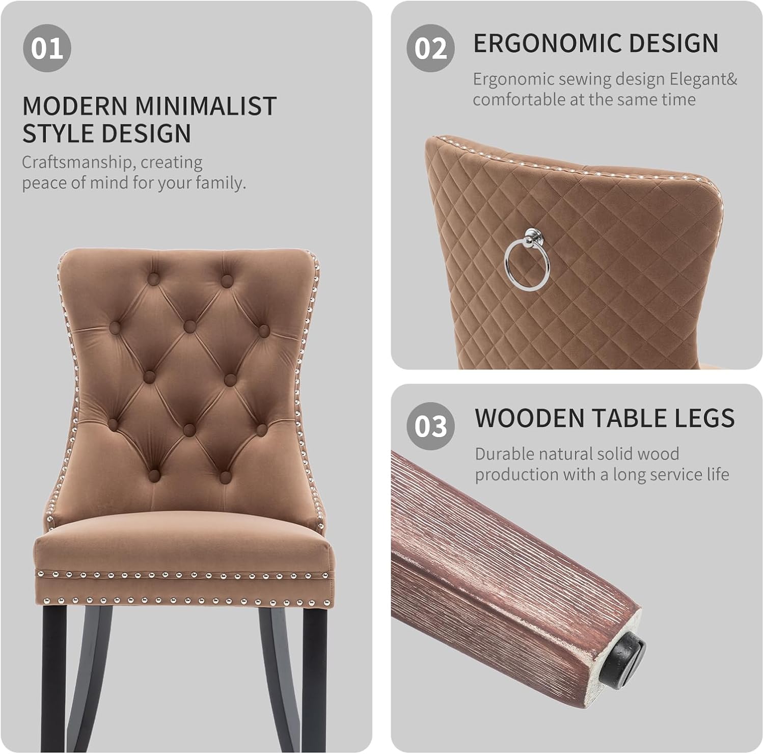 Velvet Dining Chairs Set of 6, Upholstered Dining Room Chairs with Nailhead Trim, Sillas de Comedor Modernas 6, Wooden Kitchen Chairs for Dining Room, Living Room, Kitchen, Bedroom, Brown