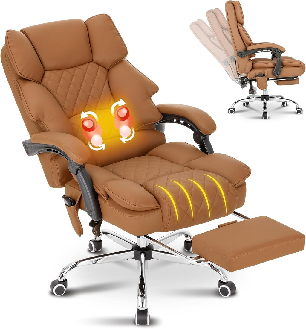 Kneading Massage Executive Office Chair with Heated,90-135° Reclining Office Chair with Footrest,Computer Desk Chair with Wheels,Diamond-Stitched Cushion Leather Office Chair (Brown)