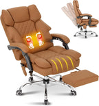 Kneading Massage Executive Office Chair with Heated,90-135° Reclining Office Chair with Footrest,Computer Desk Chair with Wheels,Diamond-Stitched Cushion Leather Office Chair (Brown)