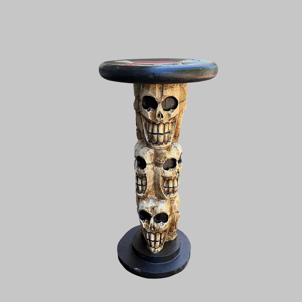 Pirate Skull and Crossbones Side Table, Hand-Carved Wood, 21 Inches Tall, 10-Inch Round Top Set of 2