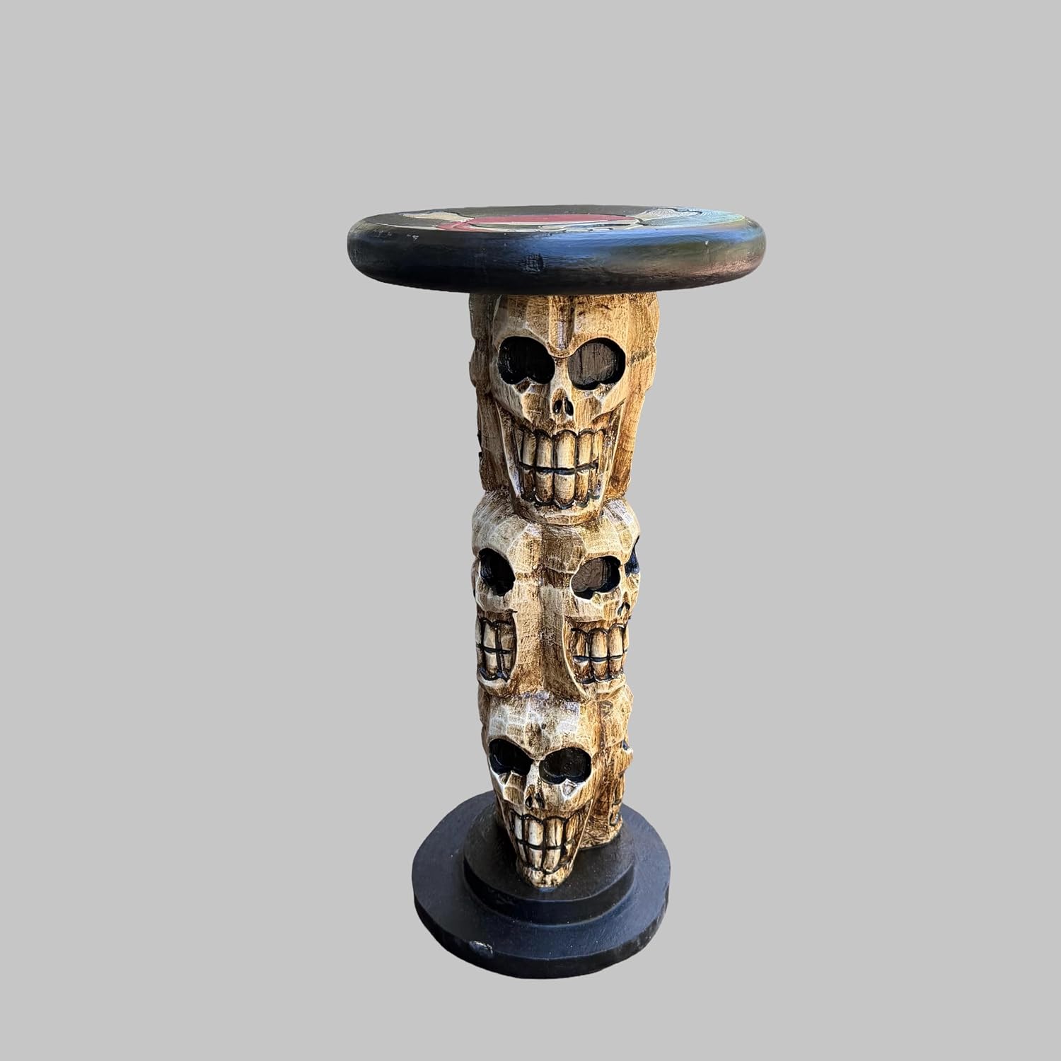 Pirate Skull and Crossbones Side Table, Hand-Carved Wood, 21 Inches Tall, 10-Inch Round Top Set of 2