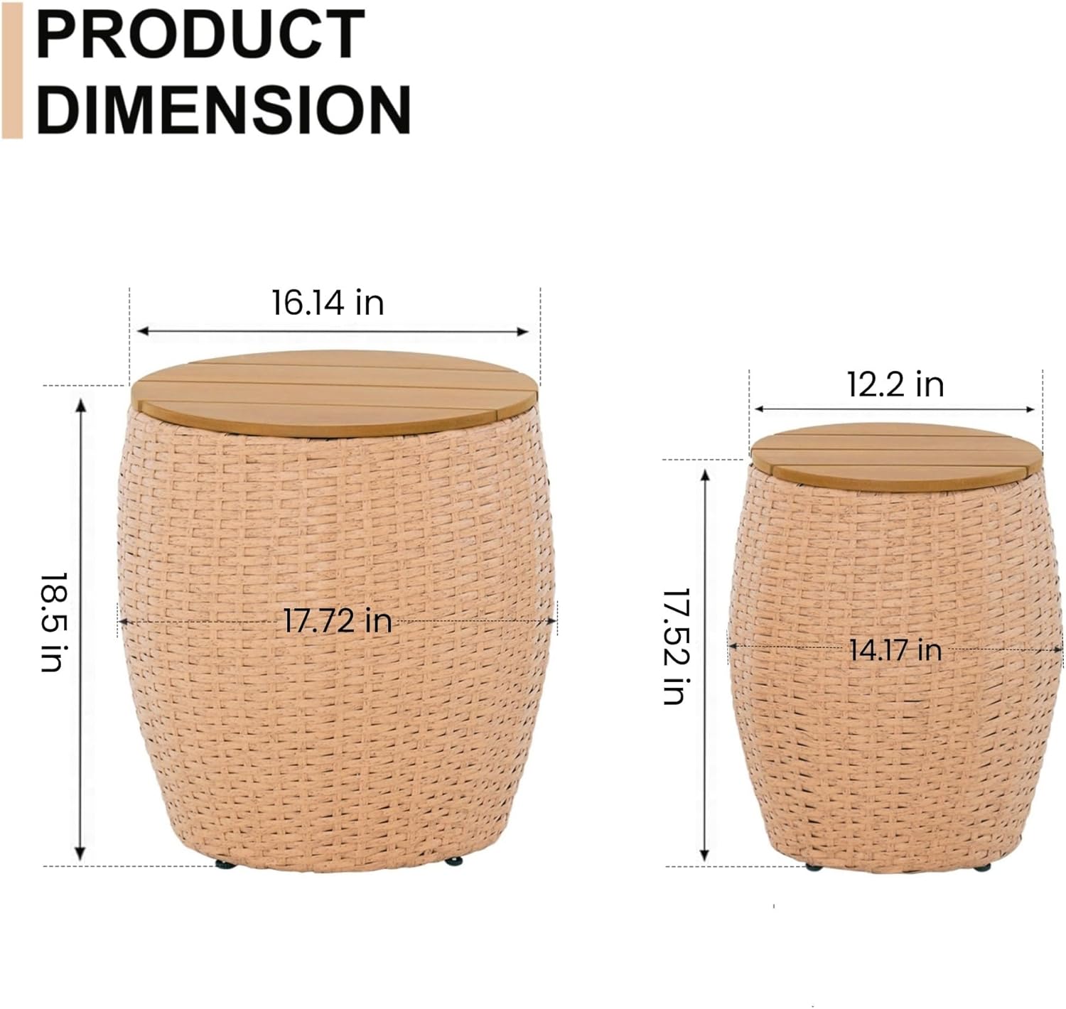 Wicker Side Table Set of 2, Round End Tables with Storage Basket, Multifunctional Barrel Side Tables for Living Room, Bedroom, Laundry