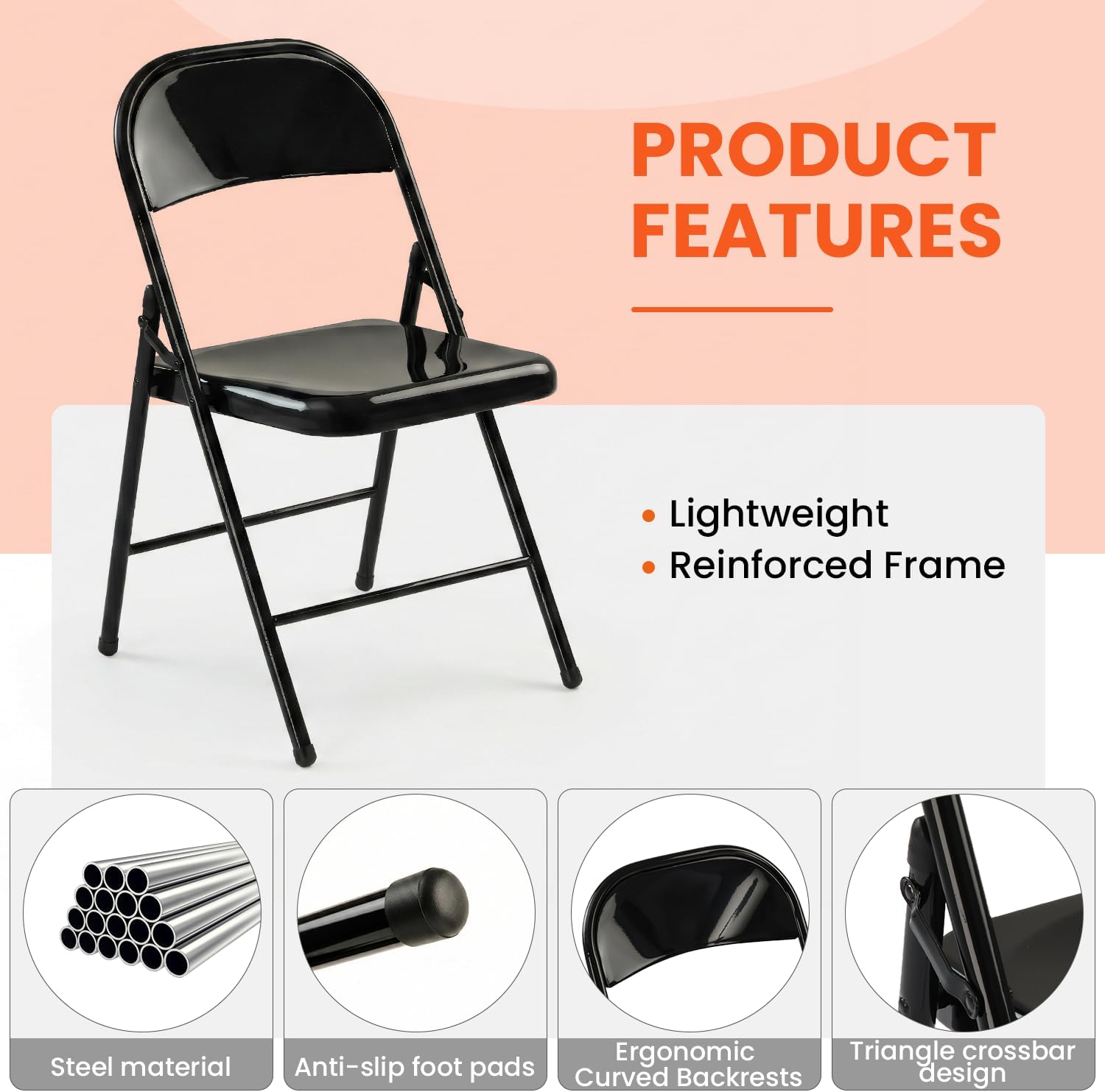 Metal Folding Chairs 30 Pack All Steel Metal Frame Portable Commercial-Grade Foldable Chair with Double Hinged for Office Wedding Party Patio Dinning Events,Onyx Black