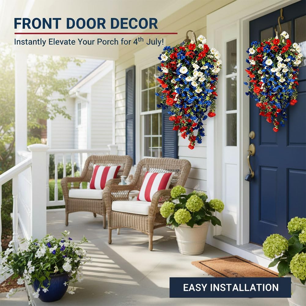 Red White and Blue Hanging Flowers for Outdoors, 4th of July Decoration Tricolor Patriotic Artificial Flower, Patriotic Artificial Flowers for Independence Day Decor, Celebration-Ready (2pcs)