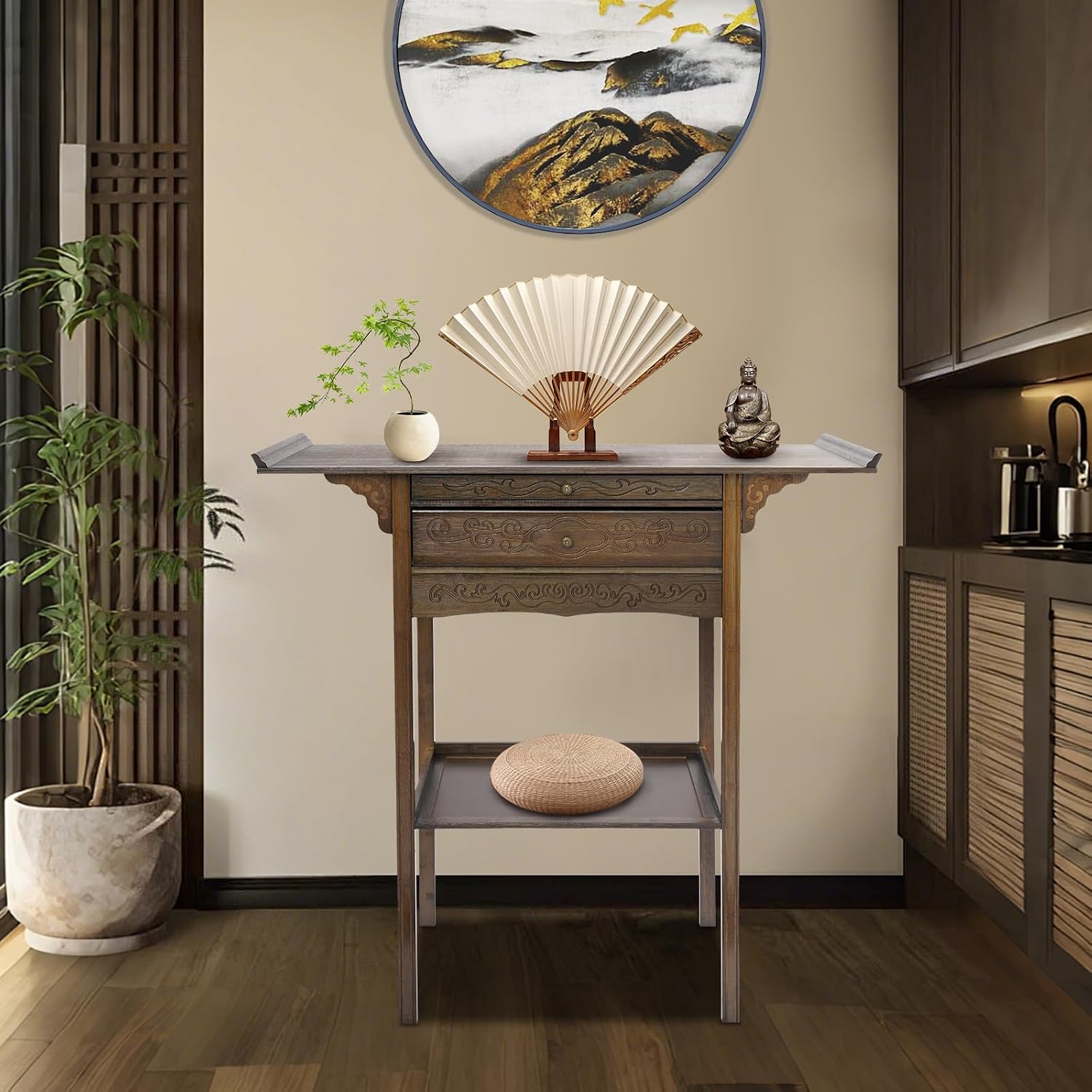 Free Standing Altar Table, Retro Chinese Style Altar Table with Drawers Meditation Table with Storage Tier and Auspicious Cloud Carving for Homes Temples Ancestral Halls (39.3x15.7x39.3 in)