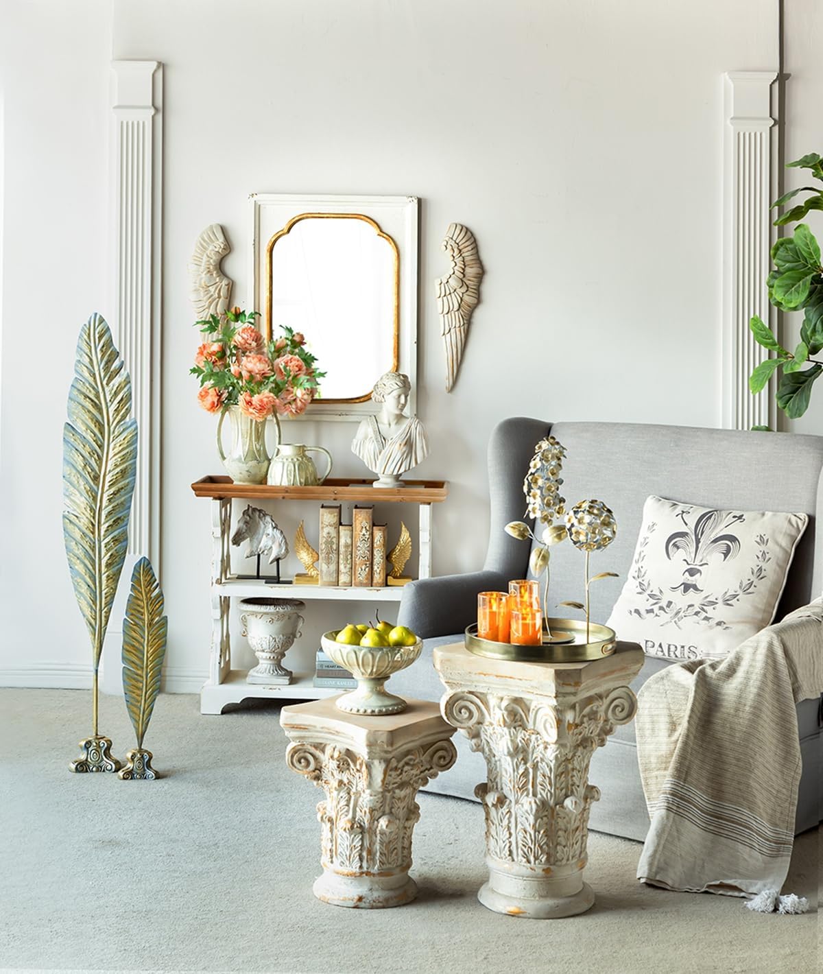 Small Side Table for Living Room, Farmhouse Rustic French Country MGO Pedestal Stand Ornate with Scrollwork Design and Gold Accents, Square Distressed Display Stand White 16x16x24.5
