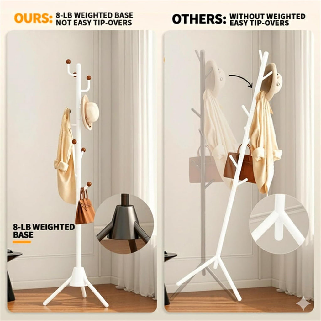 Heavy Duty Coat Rack, 8-Hook Freestanding Metal Clothes Tree Stand for Entryway, Hallway, Bedroom - Sturdy Triangle Base, Non-Tipping, Space Saving, White