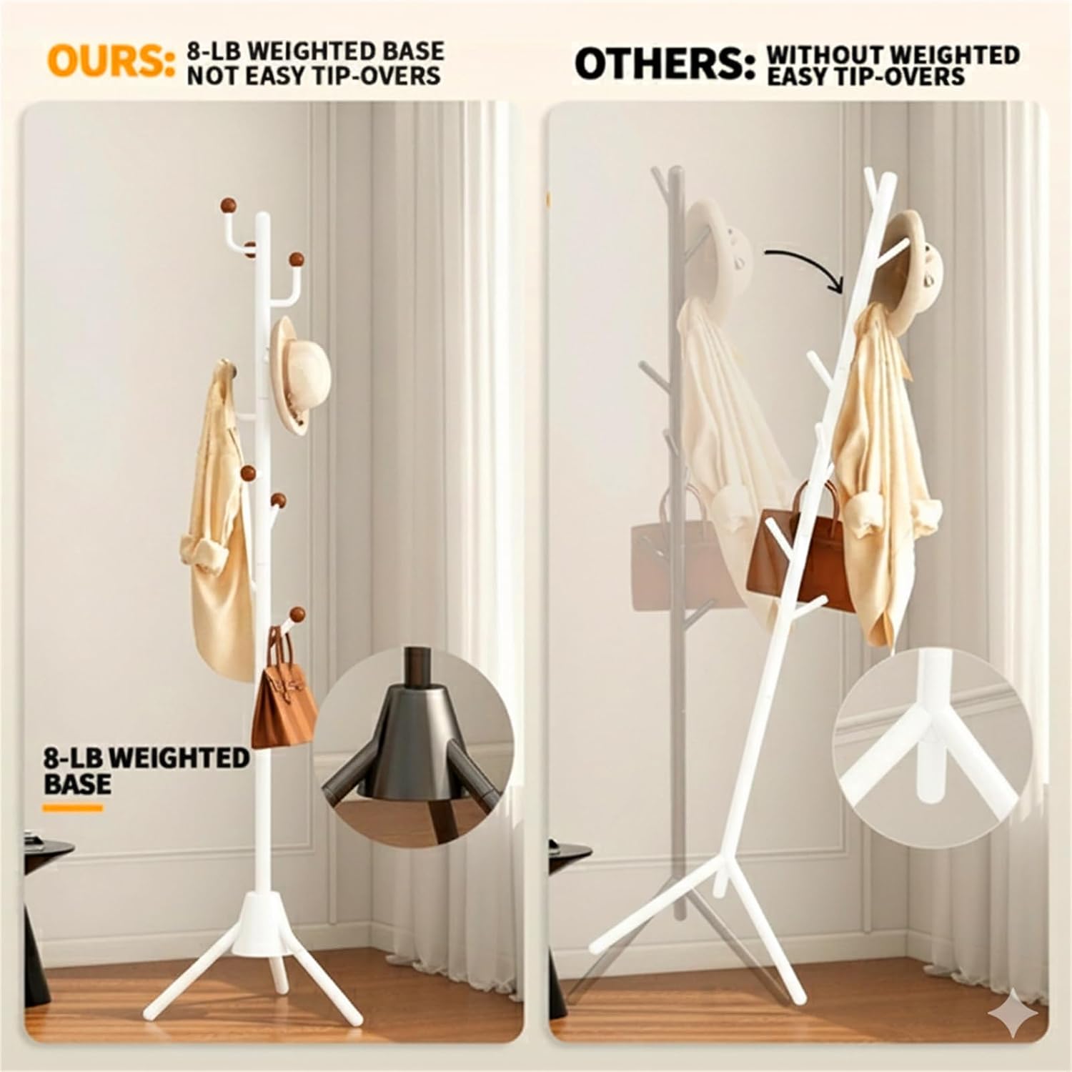 Heavy Duty Coat Rack, 8-Hook Freestanding Metal Clothes Tree Stand for Entryway, Hallway, Bedroom - Sturdy Triangle Base, Non-Tipping, Space Saving, White