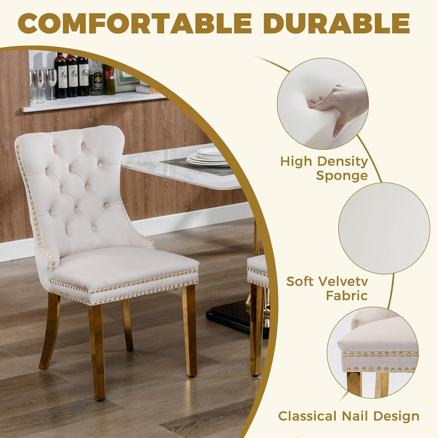 47.2 Inch Round Glass Dining Table Set for 4, Modern Round Dining Room Set with Gold Steel Base & 4 Upholstered Velvet Chairs, Space-Saving Circle Kitchen Table Set for Small Space, Beige