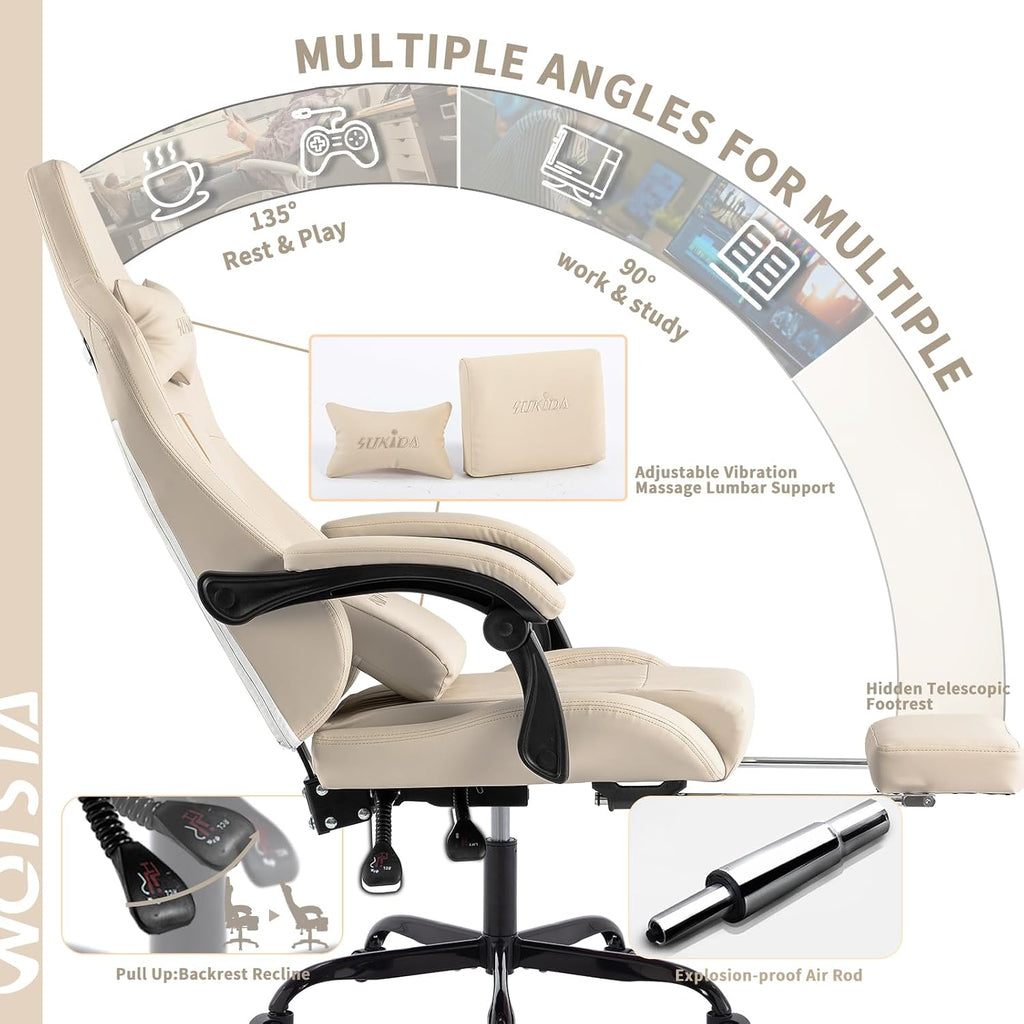 Gaming Chair with Footrest Ergonomic Computer Chair Massage Lumbar Cushion, Racing Video Game Chair Adjustable Rocker Recliner Executive Office Desk Chair Pu Leather for Adults, Beige