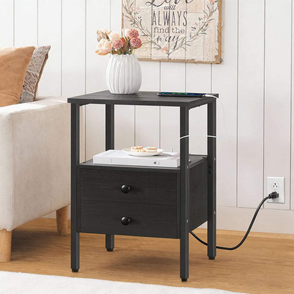 HOOBRO End Table with Charging Station, Bedside Table with 2 Drawer & USB Port & Type-C Port, Nightstand for Small Spaces, Stable and Sturdy, for Living Room, Black BB43UBZ01