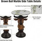 Bull Head Accent Side Table - End Table with Faux Marble Top Unique Cow Statue Decor for Living Room Bedroom Entryway Elegant Animal Sculpture Modern Classical Decoration, Brown