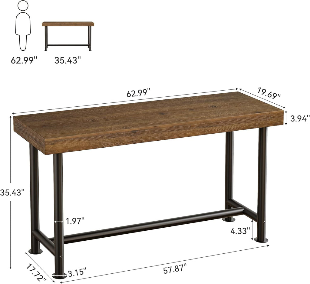 63" Solid Wood Bar Table, Long Counter Height Pub Top Table, Narrow Dining Breakfast Bar Units with Metal Sturdy Legs for Home Kitchen, Living Room, Bistro, Easy to Assemble