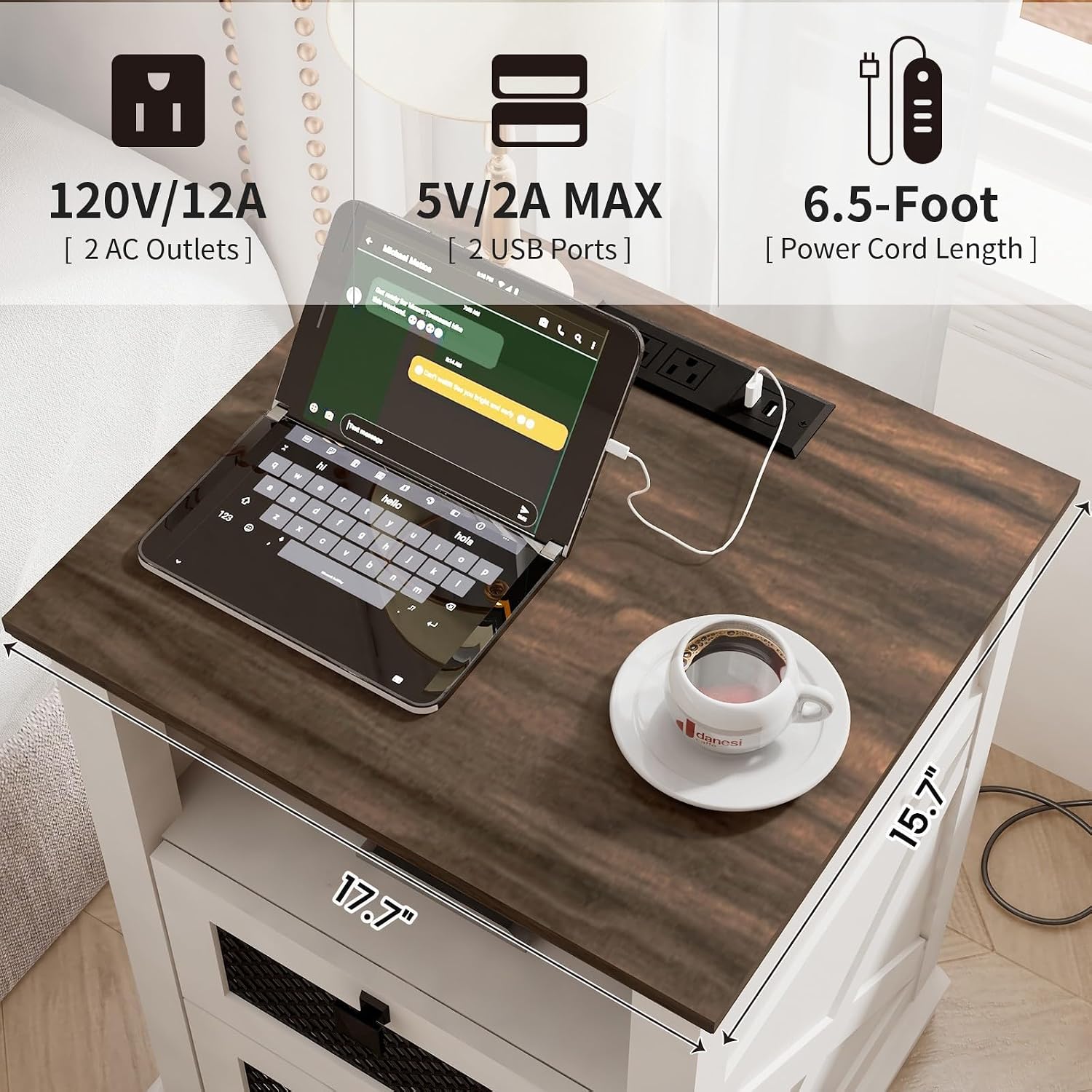 Farmhouse End Table with Charging Station, Nightstand with 2 Drawers & Open Storage,Sofa Side Table with Mesh Drawers, Design Bedside Table for Living Room, Bedroom, White
