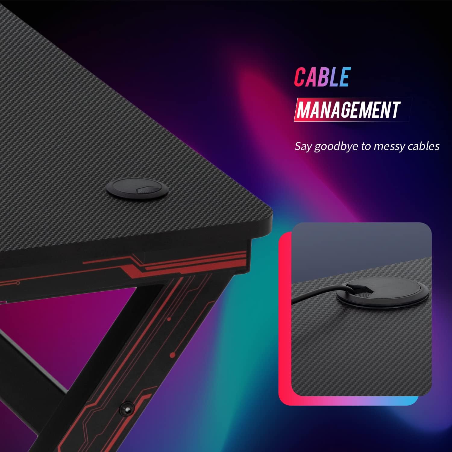 BestOffice | 47" Gaming Desk | Red | Carbon Fiber Textured Computer Desk | Sturdy Steel Frame, Cup Holder, Headphone Hook, Cable Management Holes, Adjustable Leg Pads | for Gamers, Home, Office