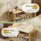 Amazer Bamboo Shoe Rack Bench, 3-Tier Shoe Bench Height Adjustable, Entry Bench with Side Storage Strap, Shoes Organizer Storage Bench, Shoe Shelf with Seat Cushion for Entryway, Living Room, Hallway