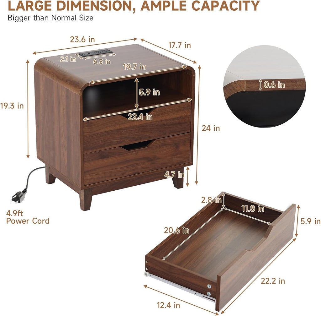 Nightstands Set of 2 with Charging Station, Mid Century Modern Night Stands with LED Light, 23.6" Wide Wood Bed Side Tables Bedroom, Large Bedside Table, Curved End Table with 2 Drawers| Walnut