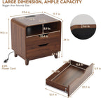 Nightstands Set of 2 with Charging Station, Mid Century Modern Night Stands with LED Light, 23.6" Wide Wood Bed Side Tables Bedroom, Large Bedside Table, Curved End Table with 2 Drawers| Walnut