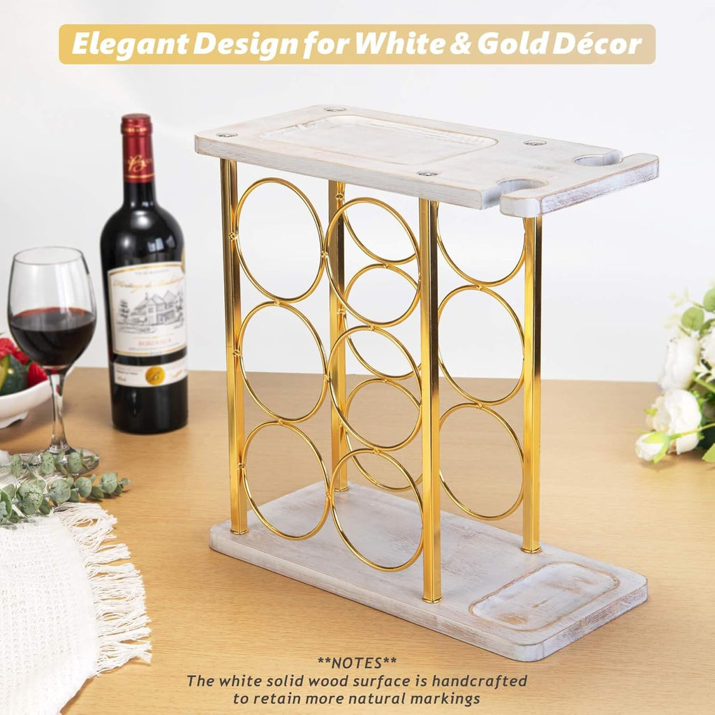 Gold Wine Rack with Glass Holder, Countertop Wooden Wine Holder for 6 Bottles & 2 Glasses, Includes Storage Trays for Corks & Openers – Perfect White & Gold Wine Display for Home Bar & Kitchen Decor