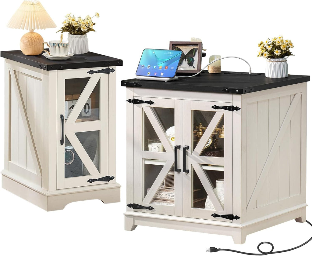 Joaxswe Farmhouse End Table Set 2, Narrow 18'' Night Stand with Glass Barn Door, 24" Square Side Table with Charger Station, Living Room Furniture Sets, Wood Nightstand Bedside Tables for Bedroom