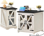 Joaxswe Farmhouse End Table Set 2, Narrow 18'' Night Stand with Glass Barn Door, 24" Square Side Table with Charger Station, Living Room Furniture Sets, Wood Nightstand Bedside Tables for Bedroom